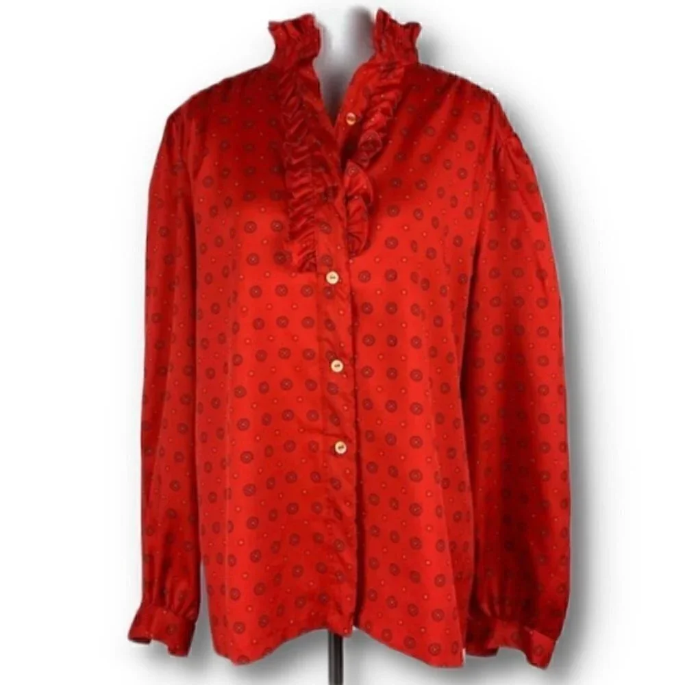 Pins and Needles Womens top size 18 Red geometric ruffle button down vintage 80s